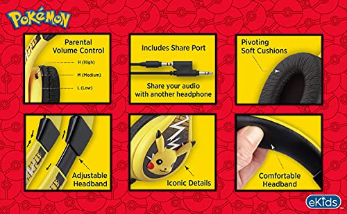 Pokemon Pikachu Kids Headphones, Adjustable Headband, Stereo Sound, 3.5Mm Jack, Wired Headphones for Kids, Tangle-Free, Volume Control, Children's Headphones On Ear for School Home, Travel