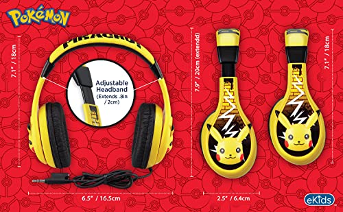 Pokemon Pikachu Kids Headphones, Adjustable Headband, Stereo Sound, 3.5Mm Jack, Wired Headphones for Kids, Tangle-Free, Volume Control, Children's Headphones On Ear for School Home, Travel