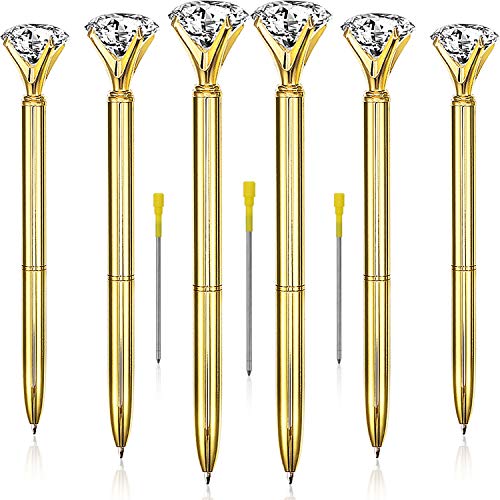 Bememo 12 Pieces Big Diamond Crystal Ballpoint Pens and 6 Pieces Ballpoint Pen Refills, Black Ink (Gold)