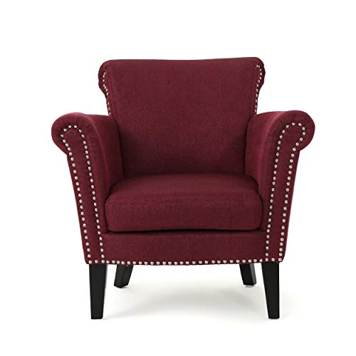 Christopher Knight Home Brice Vintage Scroll Arm Studded Fabric Club Chair, Wine / Dark Brown 29.5D x 31W x 31.5H Inch