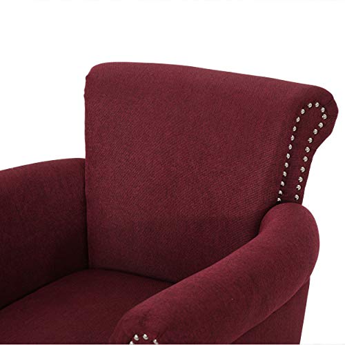 Christopher Knight Home Brice Vintage Scroll Arm Studded Fabric Club Chair, Wine / Dark Brown 29.5D x 31W x 31.5H Inch