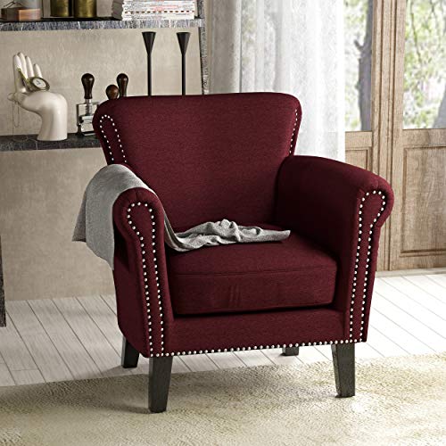 Christopher Knight Home Brice Vintage Scroll Arm Studded Fabric Club Chair, Wine / Dark Brown 29.5D x 31W x 31.5H Inch