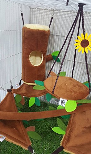 HOT! 7 Pcs/Set Cute Sugar Glider Hamster Marmoset Squirrel Chinchillas Small Pet Hanging Log + Edge Corner Light Brown Cage Set Forest Pattern Get Free 1 Small Pet Treats, PB's REPUBLIX