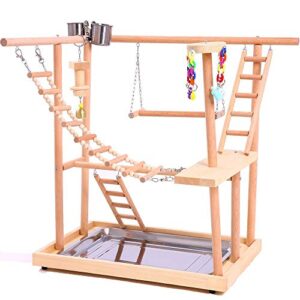 qbleev wood parrot playground perches with swing,birds chewing climbing ladder toys, bird training play stands feer cups for parakeets conures cockatiel lovebirds (18.7" l *12.8" w *20.87" h)