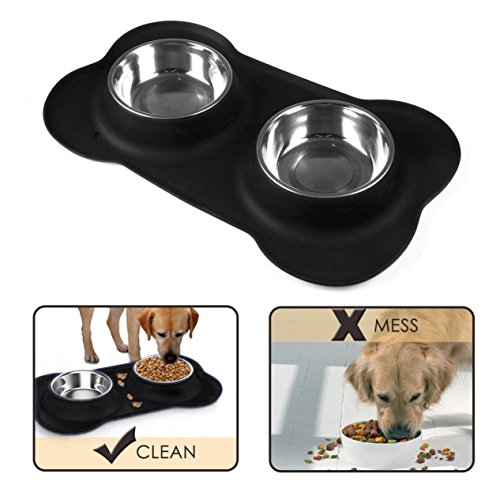 AsFrost Dog Food Bowls Stainless Steel Pet Bowls & Dog Water Bowls with No-Spill and Non-Skid, Feeder Bowls with Dog Bowl Mat for Small Medium Large Size Dogs Cats Puppy Pets, Dog Dishes, Black, 240z