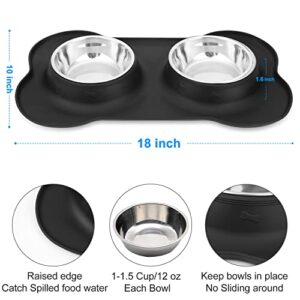 AsFrost Dog Food Bowls Stainless Steel Pet Bowls & Dog Water Bowls with No-Spill and Non-Skid, Feeder Bowls with Dog Bowl Mat for Small Medium Large Size Dogs Cats Puppy Pets, Dog Dishes, Black, 240z