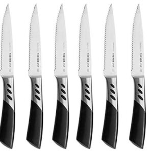 TRENDS Premium Steak Knives Set of 6. Double Forged Premium Stainless Steel. 5 Inch Blades. Serrated Steak Knives Set. Ultra-Sharp and Never Require Sharpening. Your Ultimate Steak Knife Set of 6.