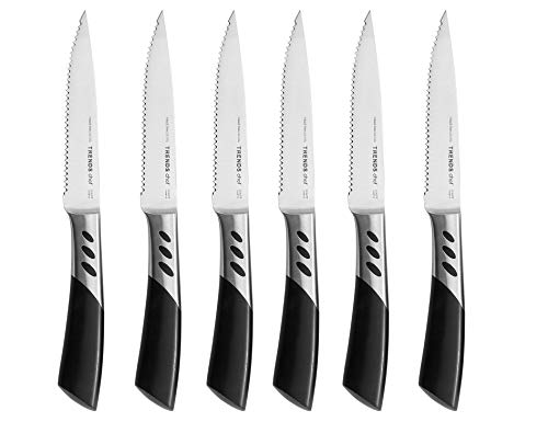 TRENDS Premium Steak Knives Set of 6. Double Forged Premium Stainless Steel. 5 Inch Blades. Serrated Steak Knives Set. Ultra-Sharp and Never Require Sharpening. Your Ultimate Steak Knife Set of 6.