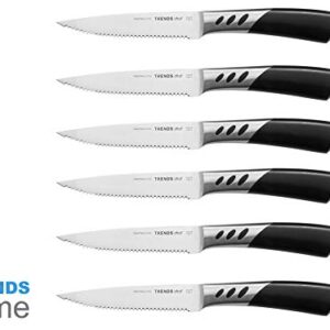 TRENDS Premium Steak Knives Set of 6. Double Forged Premium Stainless Steel. 5 Inch Blades. Serrated Steak Knives Set. Ultra-Sharp and Never Require Sharpening. Your Ultimate Steak Knife Set of 6.