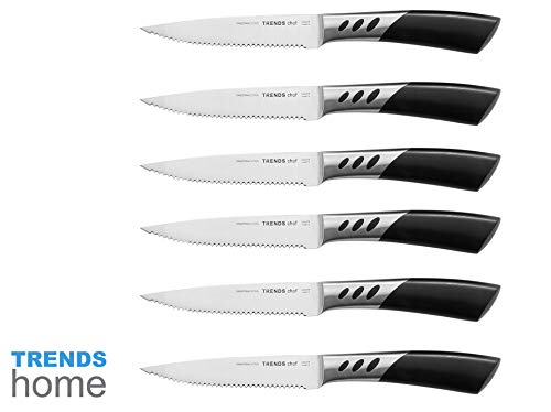 TRENDS Premium Steak Knives Set of 6. Double Forged Premium Stainless Steel. 5 Inch Blades. Serrated Steak Knives Set. Ultra-Sharp and Never Require Sharpening. Your Ultimate Steak Knife Set of 6.