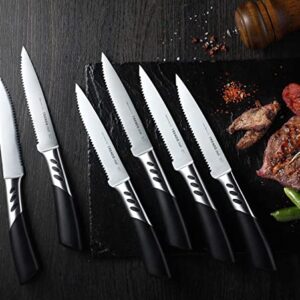 TRENDS Premium Steak Knives Set of 6. Double Forged Premium Stainless Steel. 5 Inch Blades. Serrated Steak Knives Set. Ultra-Sharp and Never Require Sharpening. Your Ultimate Steak Knife Set of 6.