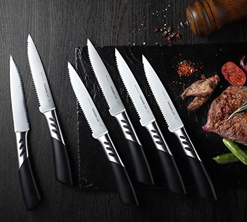 TRENDS Premium Steak Knives Set of 6. Double Forged Premium Stainless Steel. 5 Inch Blades. Serrated Steak Knives Set. Ultra-Sharp and Never Require Sharpening. Your Ultimate Steak Knife Set of 6.