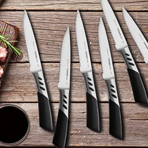 TRENDS Premium Steak Knives Set of 6. Double Forged Premium Stainless Steel. 5 Inch Blades. Serrated Steak Knives Set. Ultra-Sharp and Never Require Sharpening. Your Ultimate Steak Knife Set of 6.