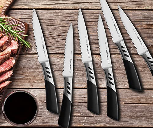 TRENDS Premium Steak Knives Set of 6. Double Forged Premium Stainless Steel. 5 Inch Blades. Serrated Steak Knives Set. Ultra-Sharp and Never Require Sharpening. Your Ultimate Steak Knife Set of 6.