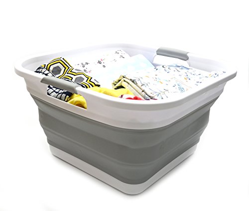 SAMMART 32L Collapsible Plastic Laundry Basket - Square Tub/Basket - Foldable Storage Container/Organizer - Portable Washing Tub - Space Saving Laundry Hamper (1, Grey)