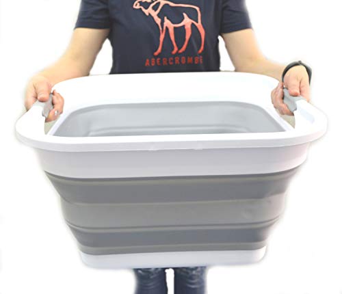 SAMMART 32L Collapsible Plastic Laundry Basket - Square Tub/Basket - Foldable Storage Container/Organizer - Portable Washing Tub - Space Saving Laundry Hamper (1, Grey)