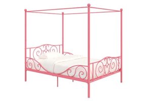 dhp metal canopy kids platform bed with four poster design, scrollwork headboard and footboard, underbed storage space, no box sring needed, full, pink