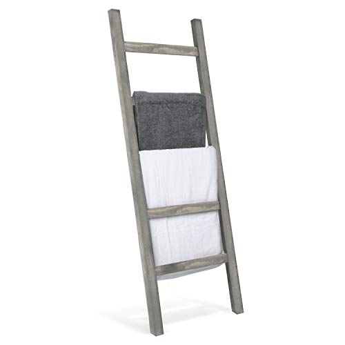 MyGift Rustic Gray Wood Farmahouse Blanket Ladder with 5 Rungs, Decorative Wall Leaning Bathroom Towel Ladder Rack