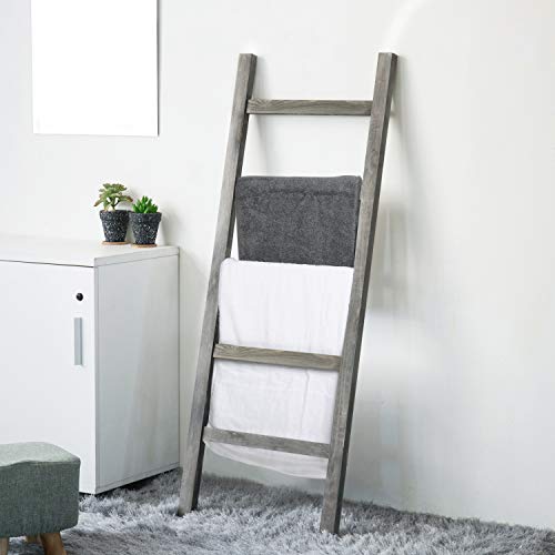 MyGift Rustic Gray Wood Farmahouse Blanket Ladder with 5 Rungs, Decorative Wall Leaning Bathroom Towel Ladder Rack