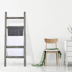 MyGift Rustic Gray Wood Farmahouse Blanket Ladder with 5 Rungs, Decorative Wall Leaning Bathroom Towel Ladder Rack