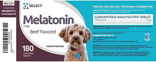 K9 Select Melatonin for Small Dogs, 1mg - 180 Beef Flavored Tablets - Canine Sleep Aid