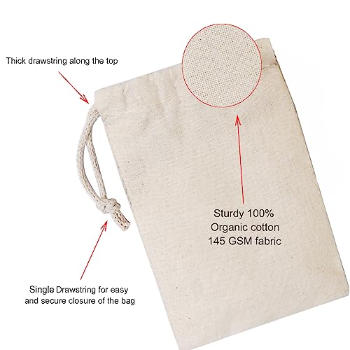 BigLotBags Premium Cotton Muslin Bags, 100% Organic Cotton with Single Drawstring. Premium Quality Reusable Eco-Friendly Natural Muslin Bags. (50, 5 x 7 Inches)