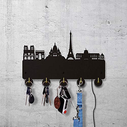 Paris Skyline Coat Key Holder Wall Hanger Wood Wall Art Decor Unique Gadgets for Kitchen Bathroom