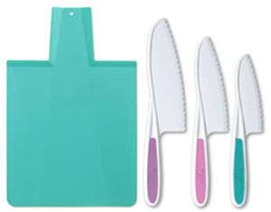 tovla jr. kids kitchen knife and foldable cutting board set: children's cooking knives in 3 sizes & colors/firm grip, serrated edges, bpa-free kids' knives/safe lettuce and salad knives… (blue)