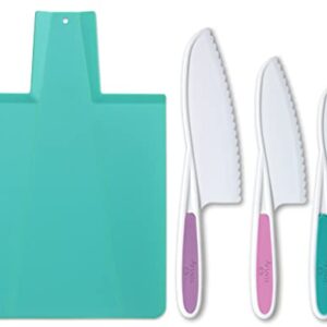 TOVLA JR. Kids Kitchen Knife and Foldable Cutting Board Set: Children's Cooking Knives in 3 Sizes & Colors/Firm Grip, Serrated Edges, BPA-Free Kids' Knives/Safe Lettuce and Salad Knives… (Blue)