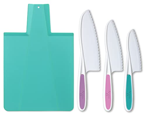 TOVLA JR. Kids Kitchen Knife and Foldable Cutting Board Set: Children's Cooking Knives in 3 Sizes & Colors/Firm Grip, Serrated Edges, BPA-Free Kids' Knives/Safe Lettuce and Salad Knives… (Blue)