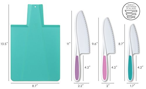 TOVLA JR. Kids Kitchen Knife and Foldable Cutting Board Set: Children's Cooking Knives in 3 Sizes & Colors/Firm Grip, Serrated Edges, BPA-Free Kids' Knives/Safe Lettuce and Salad Knives… (Blue)