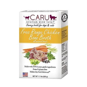 caru free range chicken bone broth for dogs and cats, moistens dry food or pour over freeze dried raw food, grain and gluten free, non-gmo ingredients (1.1 lbs)