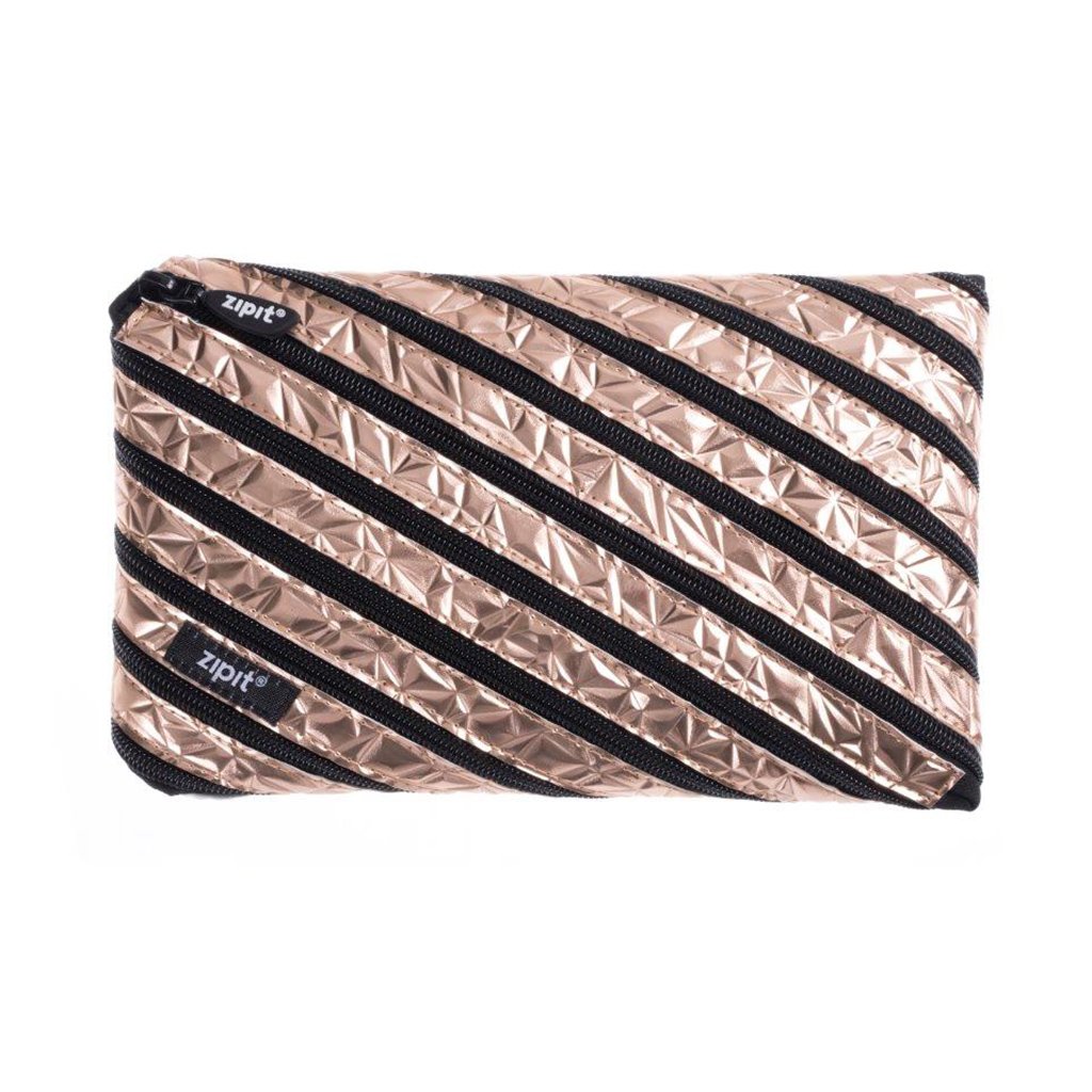 ZIPIT Metallic Large Pencil Case for Girls, Large Capacity Pouch, Holds Up to 60 Pens, Made of One Long Zipper! (Rose Gold)