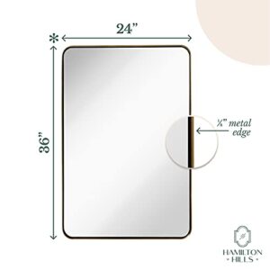 Hamilton Hills 24x36 inch Metal Gold Frame Mirror for Bathroom | Brushed Rectangular Rounded Corner Vanity | 2" Deep Set Design Large Wall Mirrors Decorative | Hangs Horizontal and Vertical