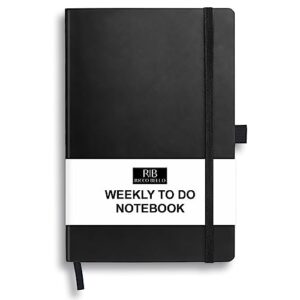 ricco bello undated weekly planner to do notebook | faux leather hardcover, for work, school, home with pen loop, bookmark, band closure, storage pocket, 5.7 x 8.4 inches (black)
