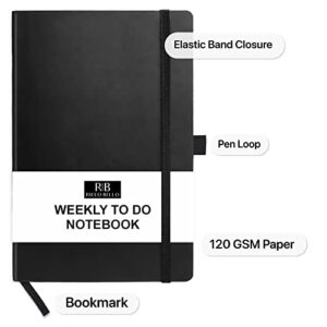 RICCO BELLO Undated Weekly Planner To Do Notebook | Faux Leather Hardcover, for Work, School, Home with Pen Loop, Bookmark, Band Closure, Storage Pocket, 5.7 x 8.4 Inches (Black)