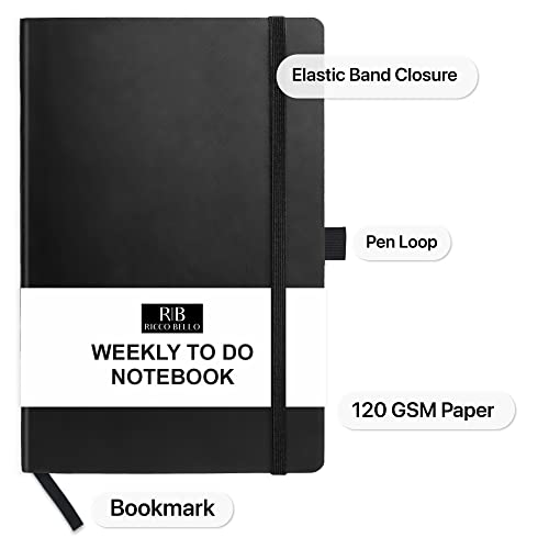 RICCO BELLO Undated Weekly Planner To Do Notebook | Faux Leather Hardcover, for Work, School, Home with Pen Loop, Bookmark, Band Closure, Storage Pocket, 5.7 x 8.4 Inches (Black)