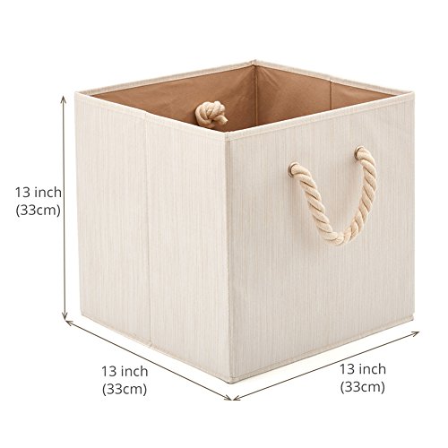 EZOWare Foldable Bamboo Fabric Storage Bin with Cotton Rope Handle, Collapsible Resistant Basket Box Organizer for Shelves, Closet, and More (Set of 2, Beige)