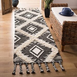 safavieh kenya collection runner rug - 2'3" x 8', black & ivory, hand-knotted moroccan tribal tassel wool, ideal for high traffic areas in living room, bedroom (kny910h)