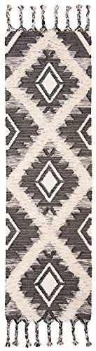 SAFAVIEH Kenya Collection Runner Rug - 2'3" x 8', Black & Ivory, Hand-Knotted Moroccan Tribal Tassel Wool, Ideal for High Traffic Areas in Living Room, Bedroom (KNY910H)