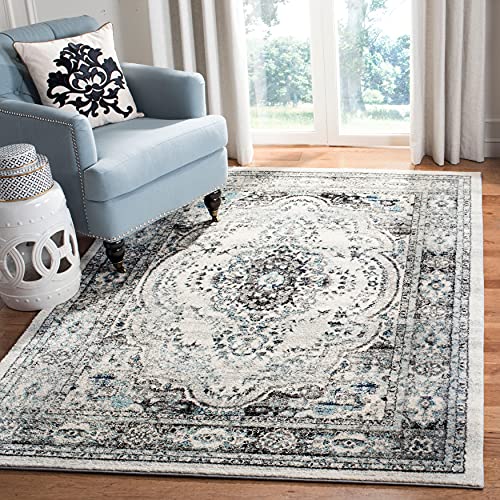 SAFAVIEH Madison Collection Area Rug - 8' x 10', Light Grey & Blue, Oriental Boho Chic Distressed Design, Non-Shedding & Easy Care, Ideal for High Traffic Areas in Living Room, Bedroom (MAD926F)