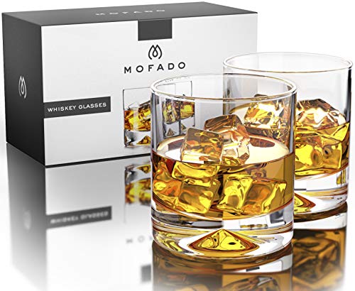 Mofado Weighted Crystal Whiskey Glasses - 12oz (Set of 2) - Thick, Stable, Heavy Hand Blown Crystal in a Gift Box - Perfect for Scotch, Bourbon, Manhattans, Old Fashioned Cocktails