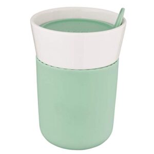berghoff leo porcelain travel mug 3.5" x 5" 0.35 qt. white & mint drinking rim integrated sipping hole silicone lid microwave safe
