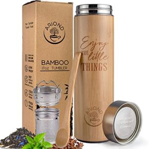 ariond 17oz bamboo tea tumbler with infuser & strainer | tea gift set for tea lovers women, tea infuser insulated bottle & loose tea thermos | tea travel infuser & tea infusing travel bottle