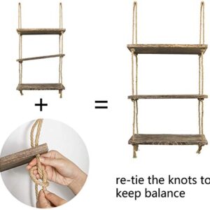 TIMEYARD Decorative Wall Hanging Shelf, 3 Tier Distressed Wood Jute Rope Floating Shelves, Rustic Home Wall Décor