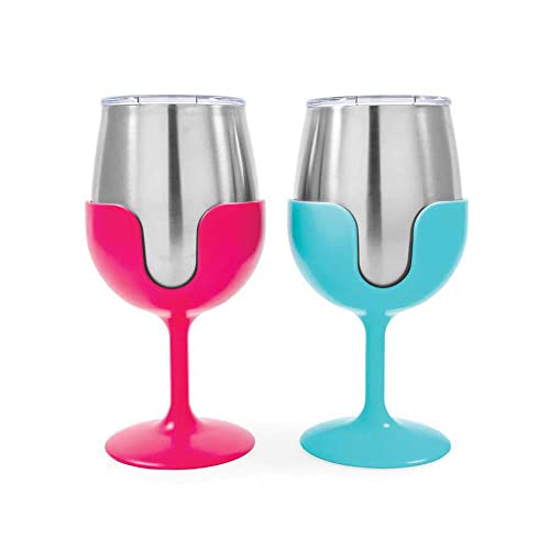 Camco 51915 Stainless Steel Wine Tumbler Set with Removable Fuchsia Pink and Teal Blue Wine Glass Stems- Leak Proof Lid, Vacuum Insulated, BPA Free 8 oz