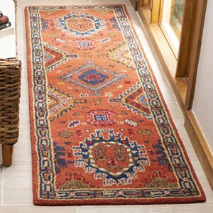 safavieh heritage collection 2'3" x 8' rust / navy hg427p handmade traditional oriental premium wool runner rug
