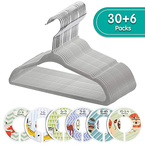 Minnebaby 30 Pack Neutral Grey Baby Clothes Velvet Hangers-Ultra Thin No Slip Nursery Hangers with 6 Pcs Baby Clothing Dividers