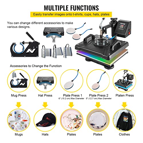 VEVOR Heat Press Machine, 12 x 15 Inch, 8 in 1 Combo Swing Away T-Shirt Sublimation Transfer Printer with Teflon Coated, Mug/Hat/Plate Accessories Included, ETL/FCC Certificated, Black