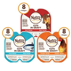 NUTRO Grain Free Natural Wet Cat Food Cuts in Gravy Beef Recipe, Tuna Recipe, and Chicken Recipe Variety Pack, (24) 2.64 oz. PERFECT PORTIONS Twin-Pack Trays